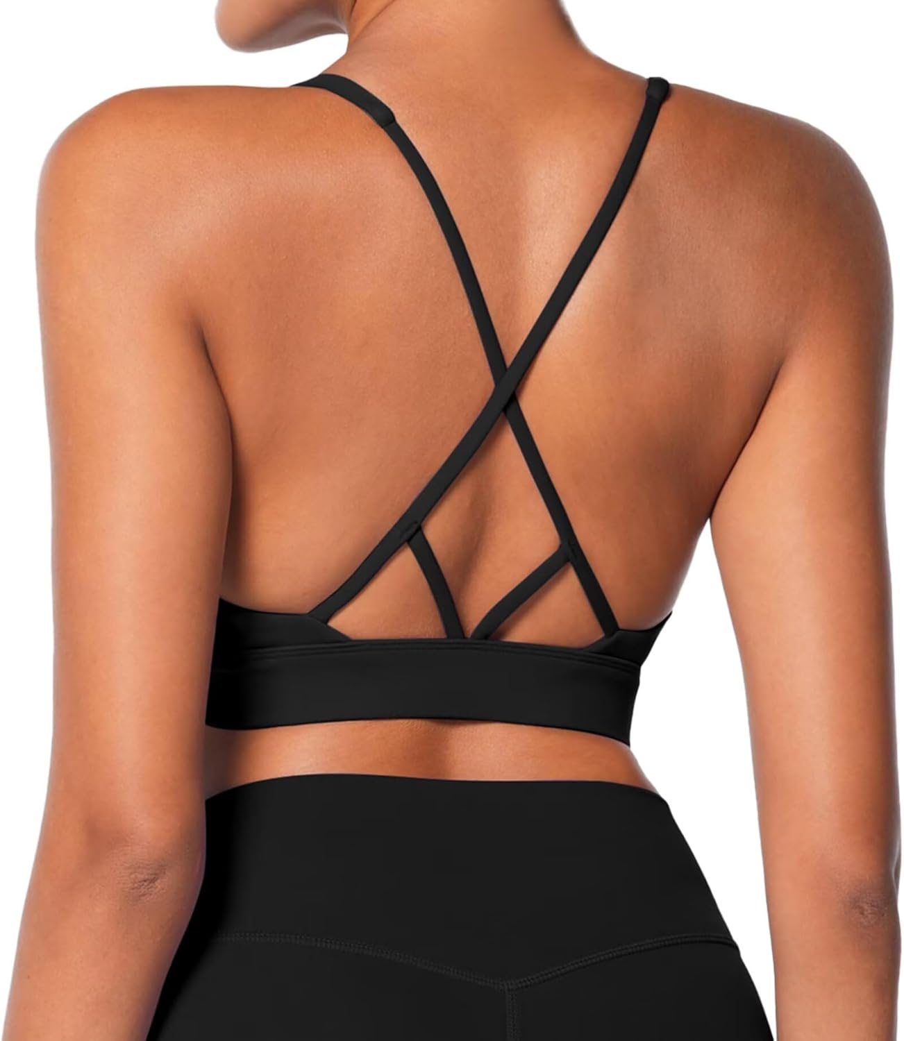 Sunzel V Neck Strappy Sports Bra - Criss Cross Back Halter Design with Removable Cups | Padded Workout Top