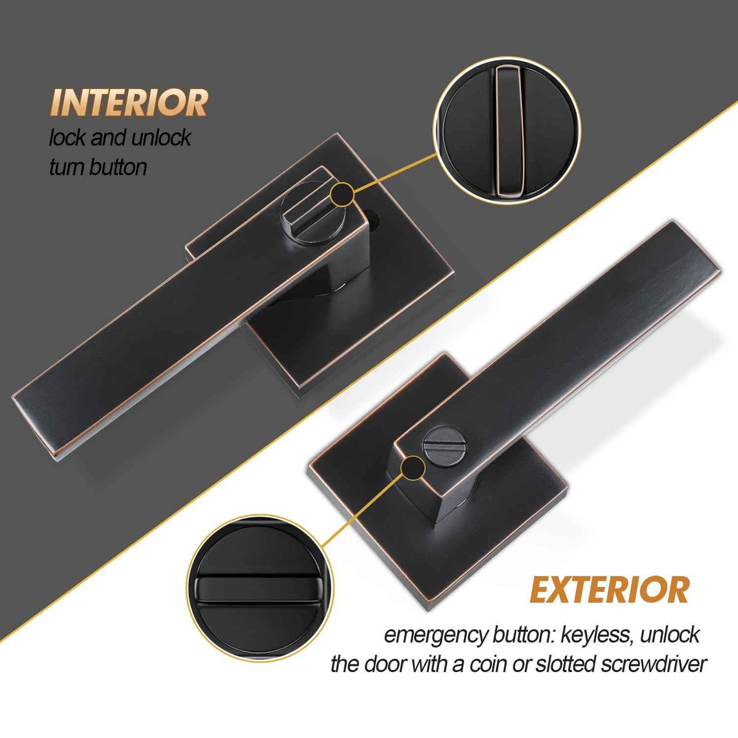 RAZCC Privacy Door Levers, 1 Pack Oil Rubbed Bronze Door Handles Interior Heavy Duty Bed and Bath Keyless Door Locksets, Reversible for Left Right Handed Doors