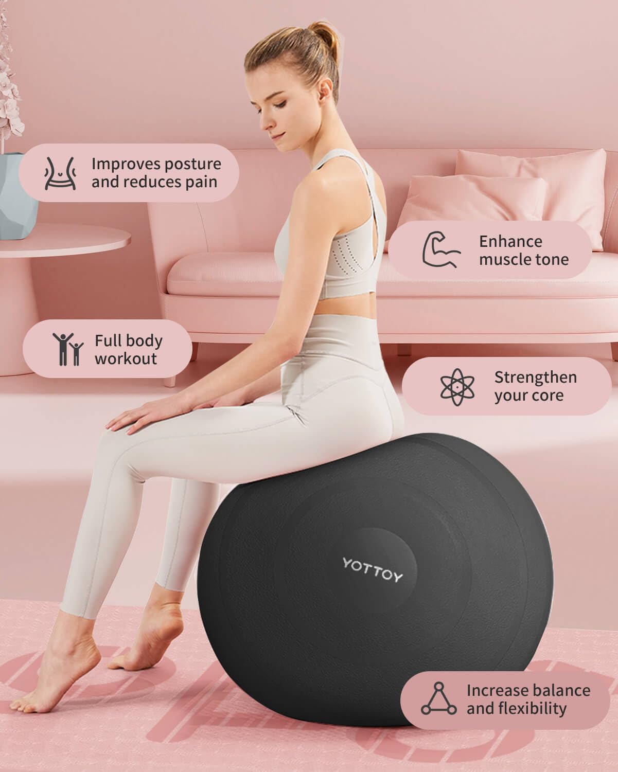 YOTTOY Anti-Burst Exercise Ball for Working Out, Yoga Ball for Pregnancy,Extra Thick Workout for Physical Therapy,Stability Ball for Chair Fitness with Pump (Black)