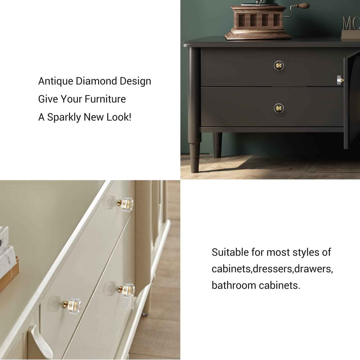 Guank 6-Pack 1-1/4-Inch White Cabinet Glass Crystal Brass knobs Brass Drawer Round Knobs Dresser Pulls, Gold Hardware Kitchen Closet knobs for Bifold Doors