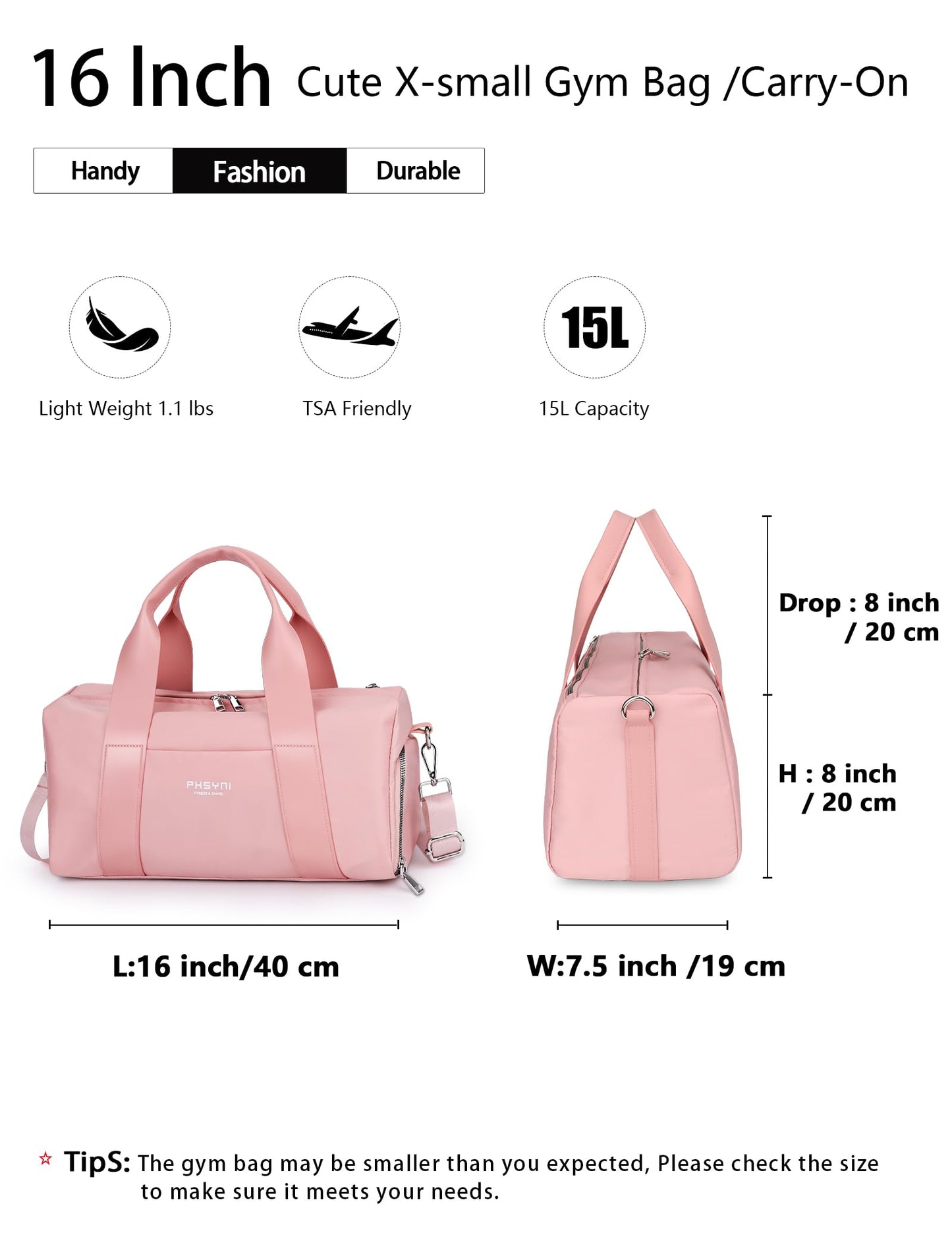 16" Gym Bag for Women,with Shoes Compartment and Waterproof Pocket(Pink)