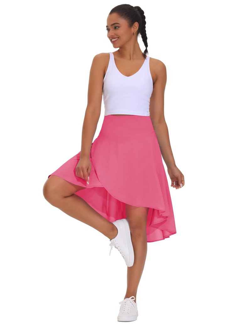 THE GYM PEOPLE Women's High Waist Wrap Ruffle Hem Asymmetric Skort High Low Flowy Midi Skirt with Shorts Bright Pink