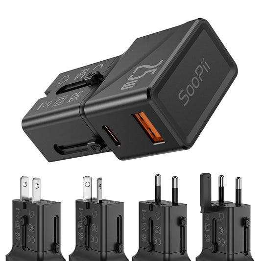 SooPii Gan USB C Charger 25W, 2 Port PD PPS QC Universal Travel Adapter, All-in-One Travel Charger with US UK EU AU Plug Adapter for Galaxy S25/S24/Note 20, iPhone 16/15/14, iPad, Pixel and More