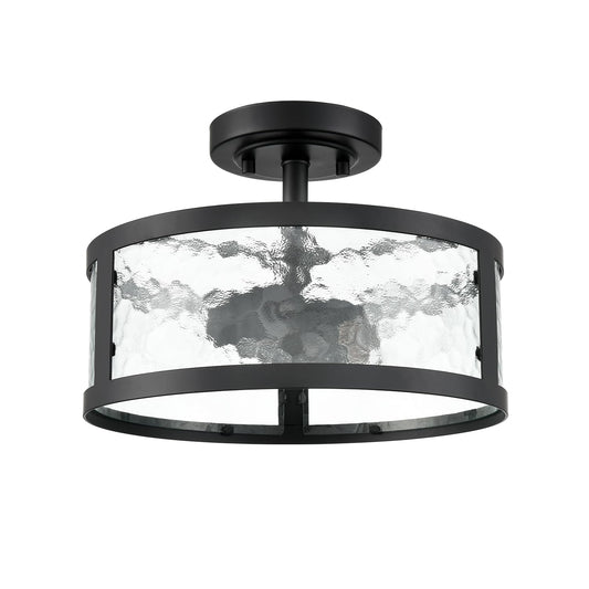 Farmhouse Semi Flush Mount Ceiling Light Black Light Fixtures Ceiling Mount 2-Light with Hammered Glass for Bedroom Kitchen Bathroom Entryway Proch