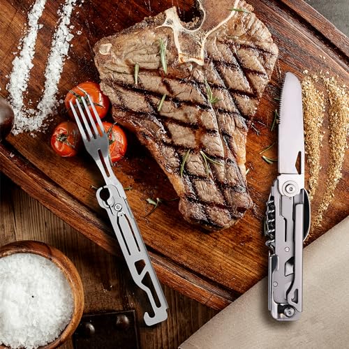 POXIMO 6-in-1 Portable Camping Utensils Set Stainless Steel Flatware Multi-tool