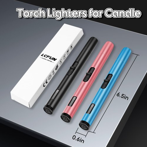 LcFun 2 Pack Torch Lighters Refillable Butane Lighter with Visible Fuel Window, Windproof Adjustable Jet Flame Long Lighters for Candle, Grill, BBQ, Camping, Fireworks (Butane NOT Included)