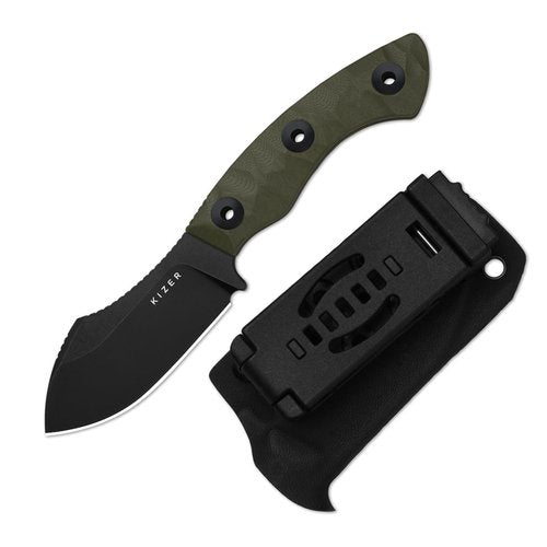 Kizer Rook Fixed Blade Knife, 3.11" Nessmuk-style D2 Blade Hunting Knives with Olive Green G10 Handle, Bushcraft Knife with Sheath & TekLok for Camping Hunting Survival 1090M1