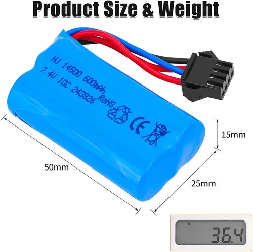Crazepony 600mAh 7.4V Li-ion Rechargeable Battery - SM-4P Plug & Charger Cable | 2 Pack for RC Boats & Cars