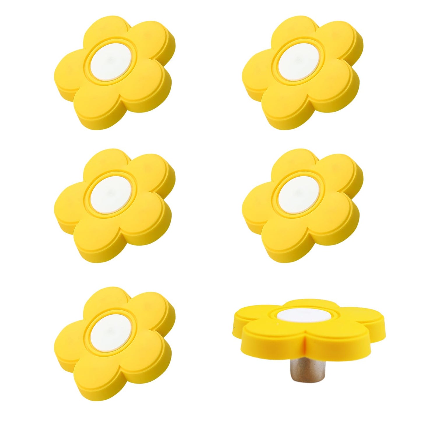 AUXBC 6pcs Yellow Flower Shape Knobs - Soft Rubber Handles, Cabinet Drawer Pulls for Kids' Rooms & Closets, 1.8x1.8x0.85 Inch with Screws