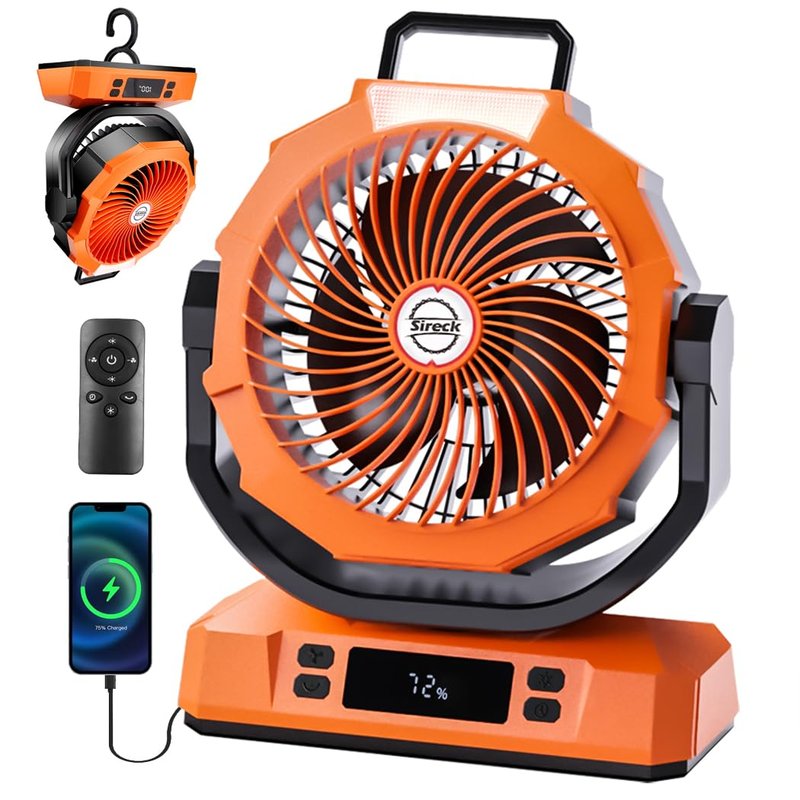 Sireck Camping Fan Rechargeable Portable Fan 12-Inch, 40000mAh Battery Powered Fan with LED Light, Digital Display, Timer, 6 Wind Speeds Cordless USB Desk Fan for Tent, Travel (Orange)
