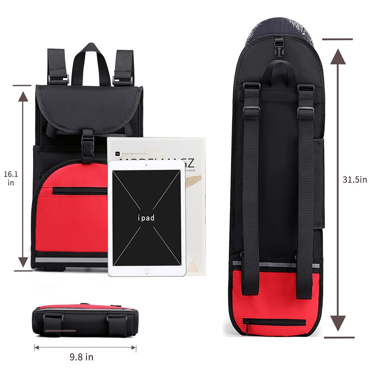 BRAVORD Foldable Skateboard Backpack Bag Carrier with Adjustable Shoulder Straps for Double Kick Longboard Electric Skateboard, Unisex (BLK)