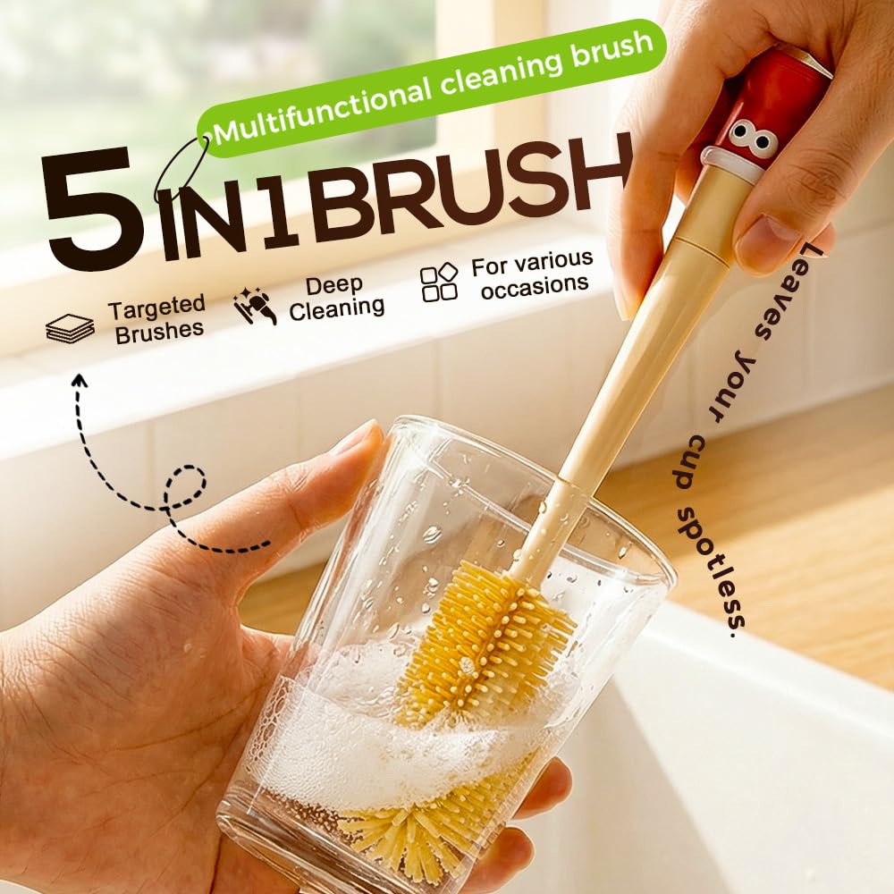 5 in 1 Bottle Cleaning Brush Set,Multifunctional Water Bottle Brush and Straw Cleaner Brush,Cleaning Tool Kit for Cleaning Bottles Set,Kitchen Gadgets (Yellow)