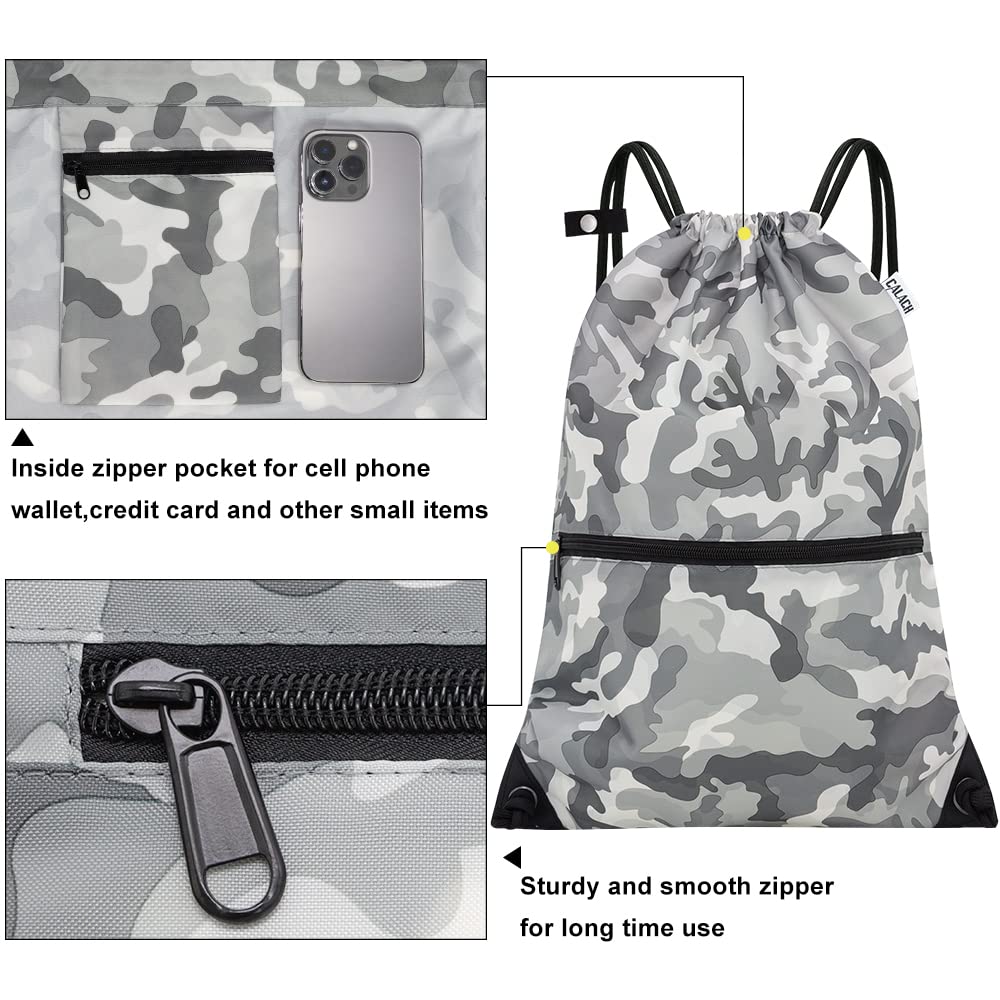 CALACH draw string back bag, Large Gym Sports string backpack for men and women with front zipper pocket and inside zipper pocket to keep key or phone (Grey camo)