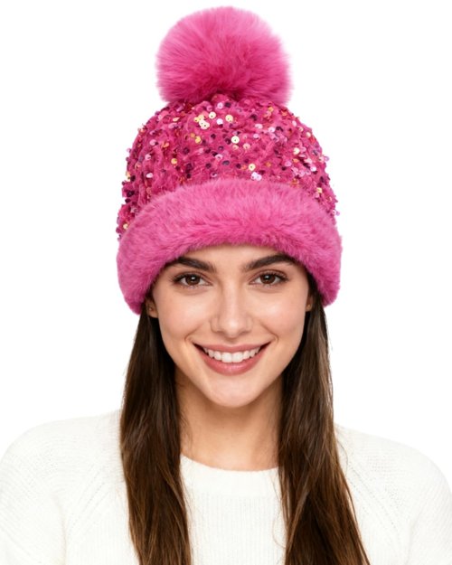 Caviotess Sparkly Sequins Beanies for Women Girls Warm Velvet Winter Hat Knit Skull Cap with Faux Fur Pom Pom
