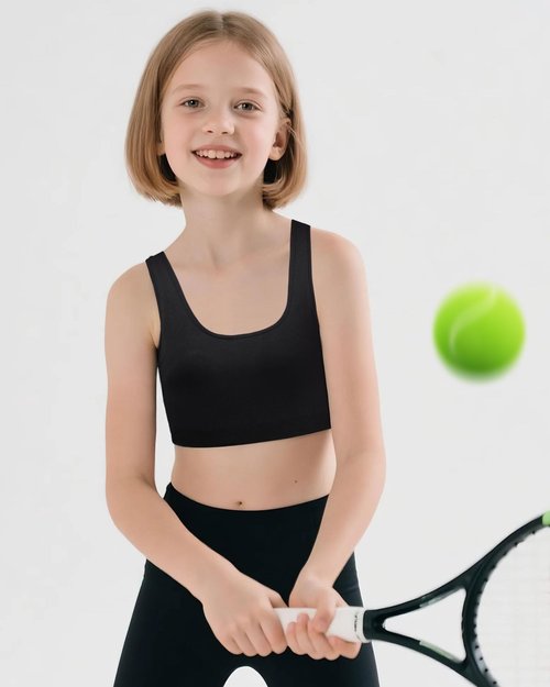 iMucci Sports Bra for Girls U-Shaped Training Bra with Removable Pads Scoop Neck for Teens Kids Yoga Sports Dance Bra Black