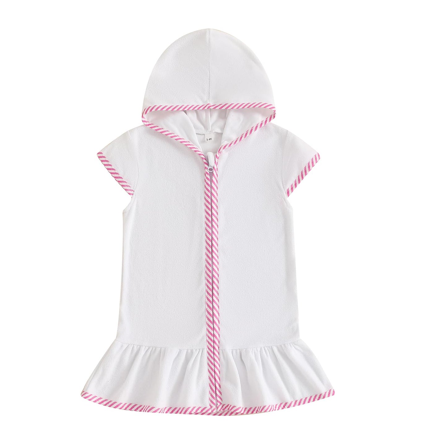 SAYOO Girls Terry Cloth Swim Cover Up Kids Hooded Swimsuit Coverup Zip-Up Striped Color Contrast Beach Bathing Robe Dress (Pink, 7-8T)