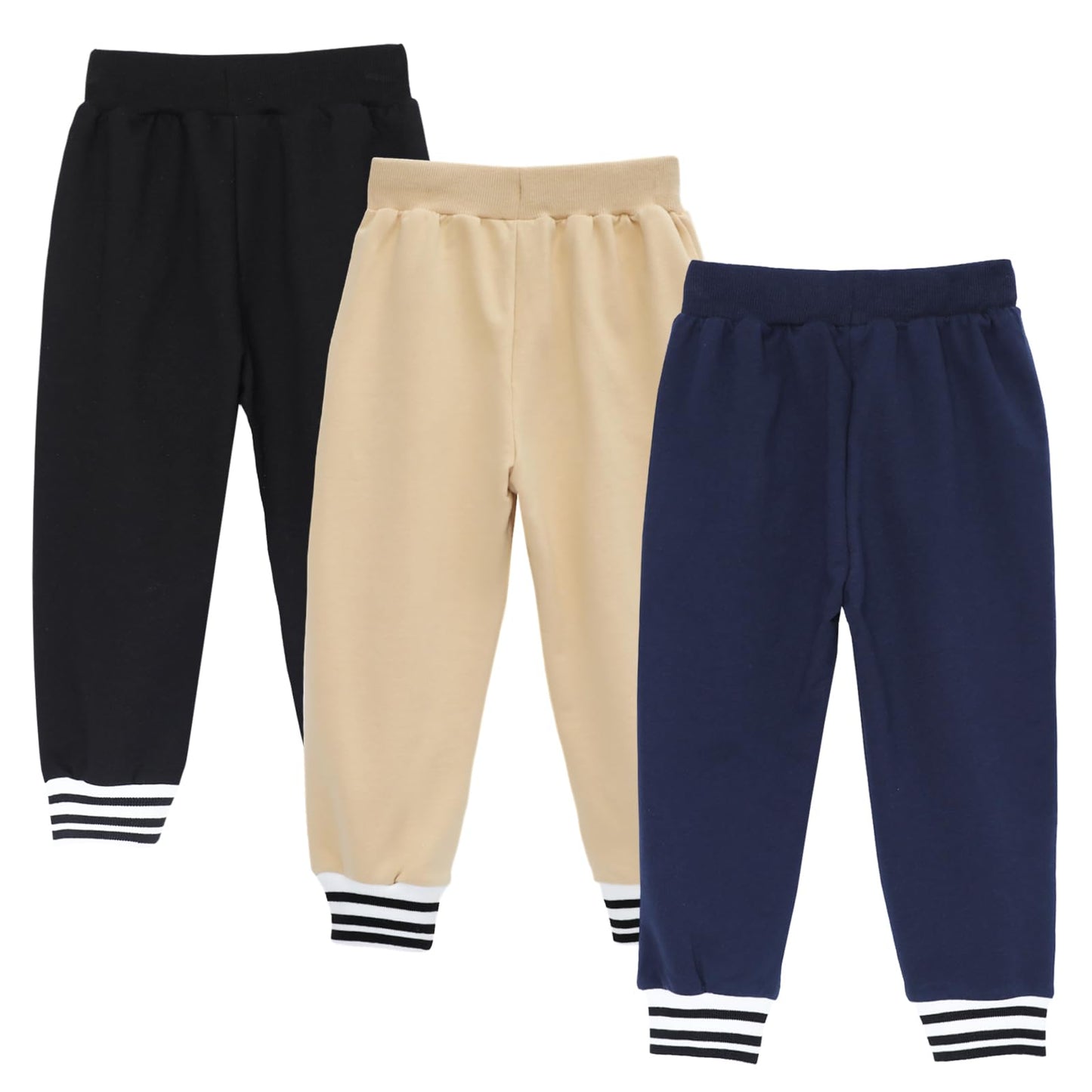 HILEELANG Toddler Boys Cotton Jogger Sweatpants 3 Pack, Black Khaki Navy Blue Soft Elastic Waist Playwear Sport Pants with Pockets, Sizes 2Y