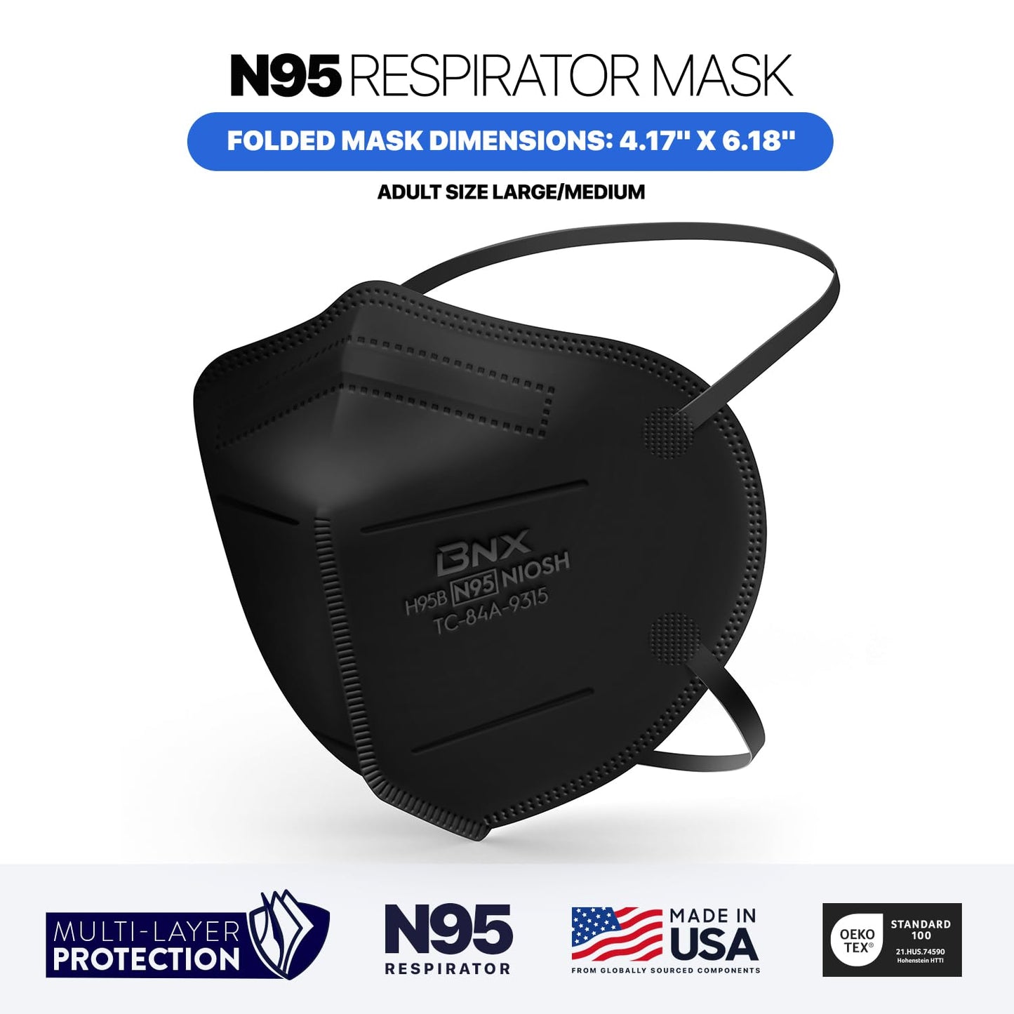N95 Black Face Mask - NIOSH Certified Protective Respirator (50-Pack, Made in USA)