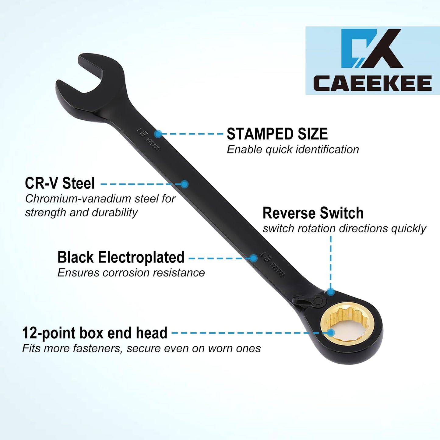 CaeeKee 20PCS 72-Tooth Reversible Ratcheting Combination Wrench Set, Metric & SAE, 8mm - 19mm, 5/16" - 3/4", 12 Point, CR-V Steel, With Organizer Box
