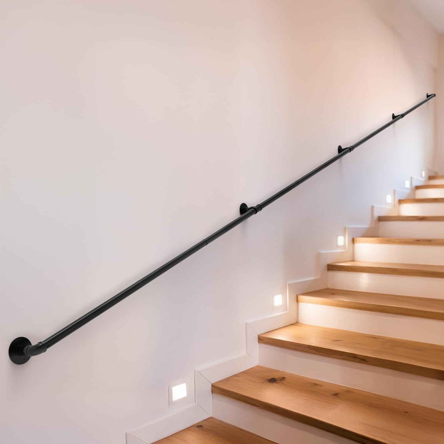 mapleway Pipe Stair Handrail, 14ft Railing for Indoor Steps Metal Staircase Hand Rail Industrial Iron Handle for Wall Mount Support, Black