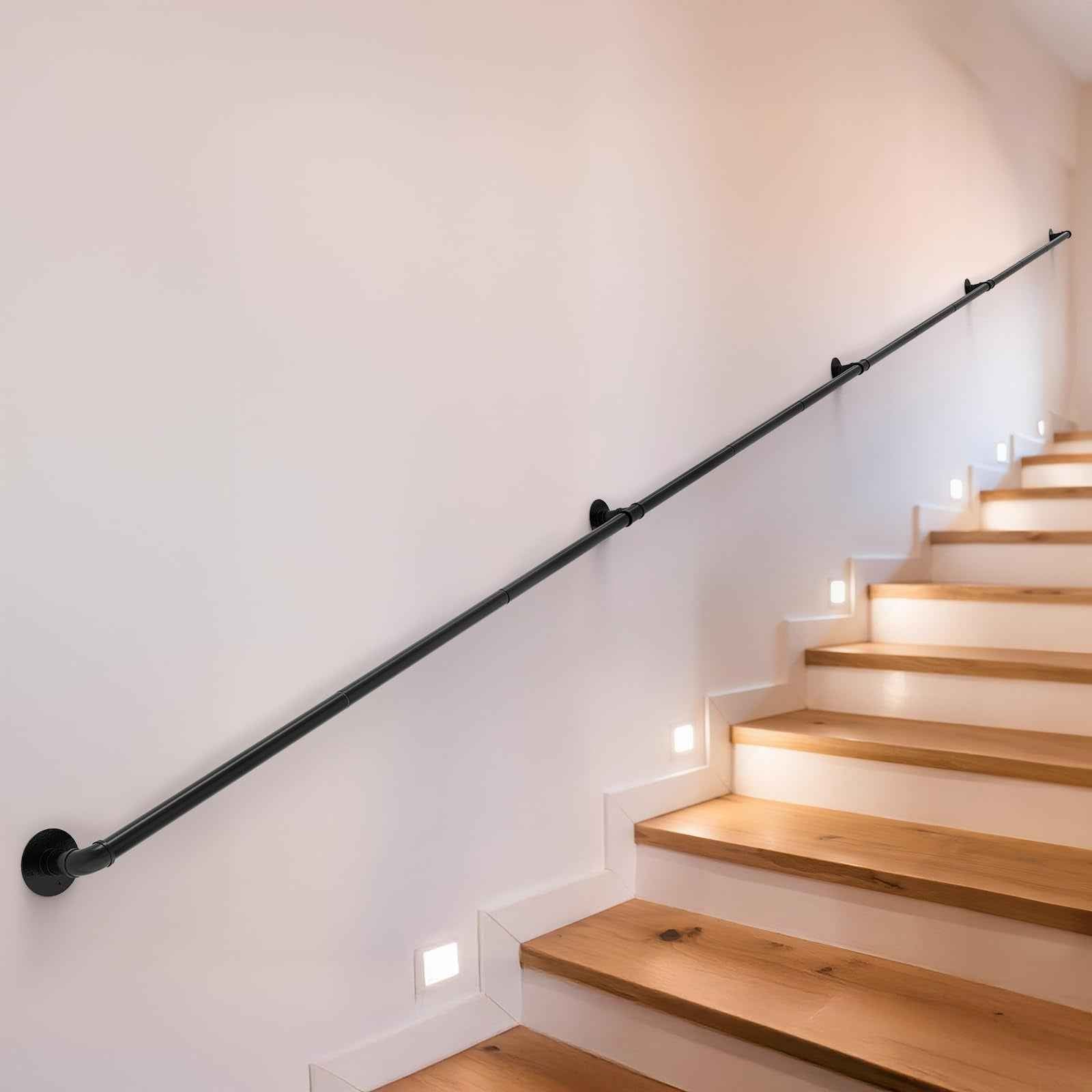 mapleway Pipe Stair Handrail, 14ft Railing for Indoor Steps Metal Staircase Hand Rail Industrial Iron Handle for Wall Mount Support, Black