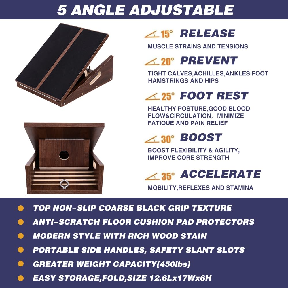 ABCDLIFE Slant Board for Calf Stretching & Relief, Adjustable Wooden Incline Slant Board for Squats, Calf Stretcher Board for Knees Ankle Heel Feet Leg, Home Gym Physical Therapy