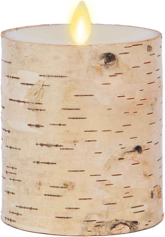 Realistic Moving Flame LED Pillar Candle with Birch Bark - Battery Operated, Remote Ready, 4x7