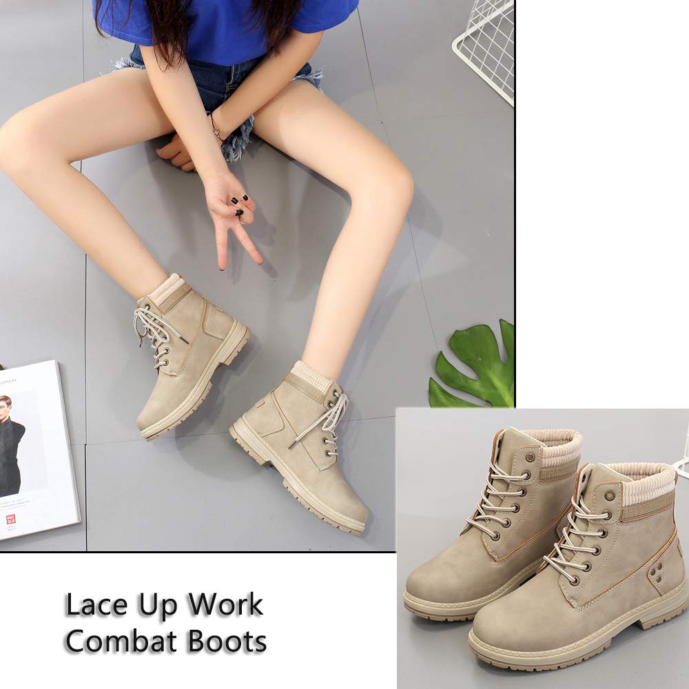 Athlefit Women's Hiking Combat Work Waterproof Boots Lace up Low Heel Booties Ankle Boots Size 7.5 Khaki