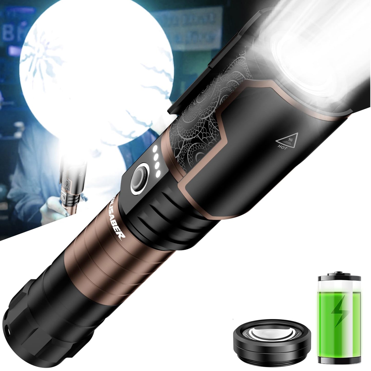 VOLISABER 5000 Lumens Rechargeable Flashlight, Tactical LED Flashlight High Lumens with Ignition Lens, 6 Modes Zoomable Waterproof Flash Light for Camping Emergency & Outdoor Adventure