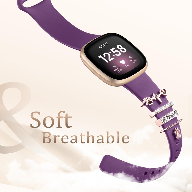 Ouwegaga Compatible with Fitbit Sense Bands Women/Sense 2/Versa 3/Versa 4 Bands, Soft Silicone Sport Strap with Charm Decorative Ring Loops Compatible with Fitbit Smartwatch (5Pcs Ring Loop+Band)
