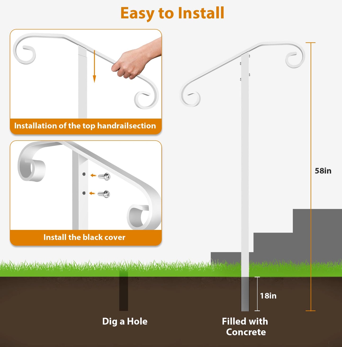 Zwinz Handrail Railing, In-Ground Single Post Handrail, Wrought Iron Stair Handrail Grab Rail for Steps Porch,Sturdy Outdoor Handrails, Long Post Fits 1 or 2 Steps, White