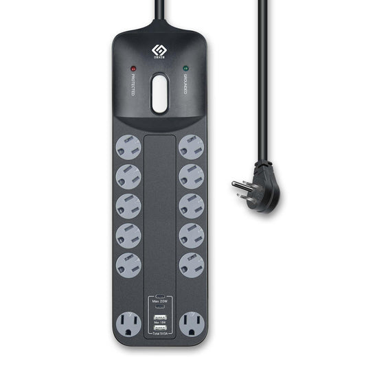OSKOS PD20W USB-C Charger, 18W USB-A Fast Charging, Four Ports (2A2C), 12 outlets Power Strip with 6FT 14/3 Cord, 3540 Joules Surge Protected, 15A Built-in Circuit Breaker, UL Listed, Wall mountable