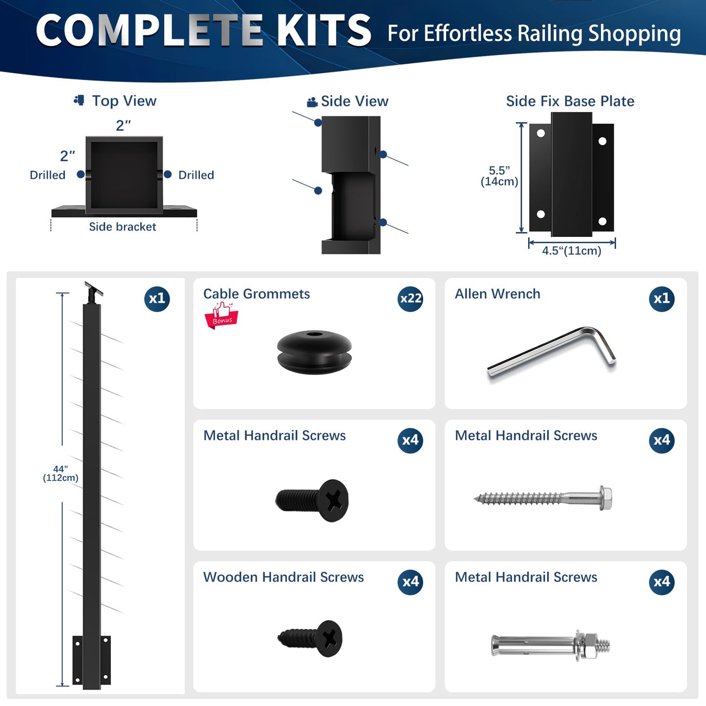 Gyykzz 42" Side Mount Stair Cable Railing Post for 36"-38" Stair Railing, Left Side Space-Saving 33° Drill Stair Handrail Deck Post for Cable Railing System Kit Indoor Outdoor Wood Concrete