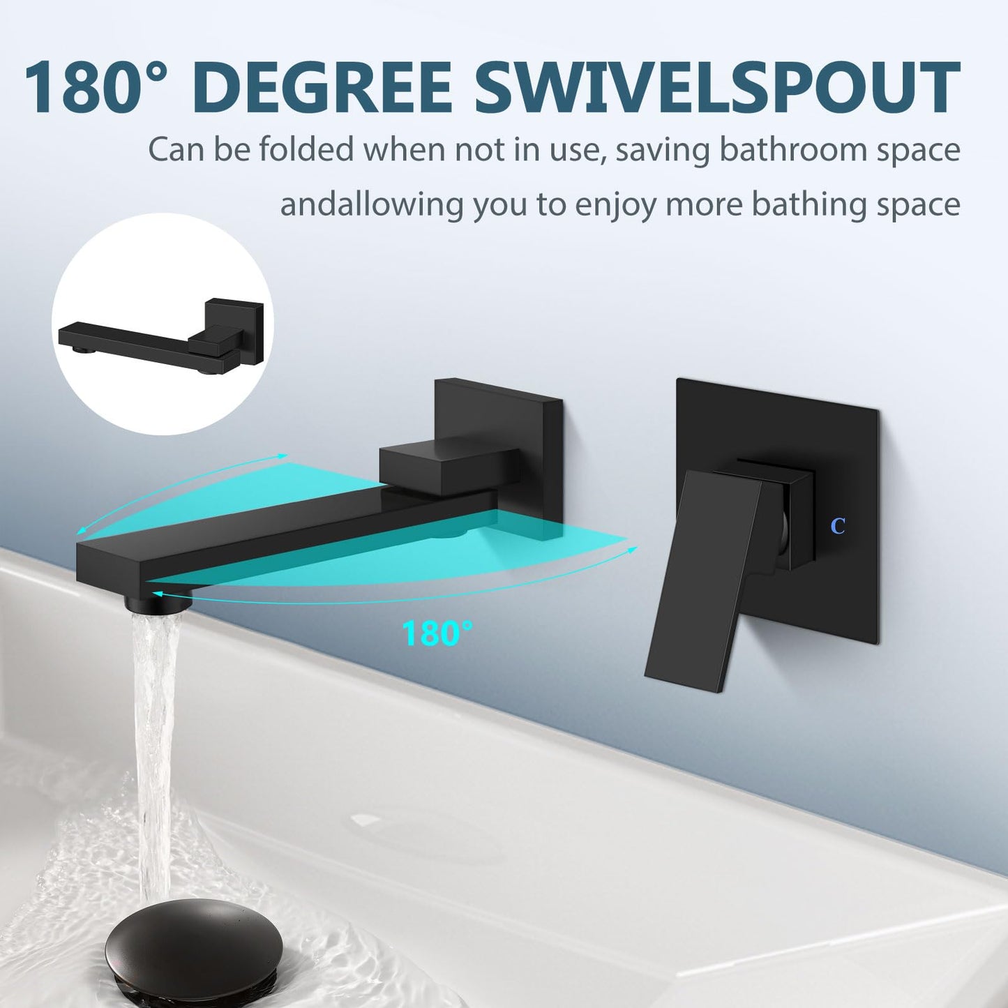 Aolemi Matte Black Wall Mount Bathtub Sink Faucet Tub Filler with Extra Long Rotating Tub Spout One Hole Single Handle Rough-in Valve Included Bathroom Basin Mixer Tap, B0BFWTPCMB