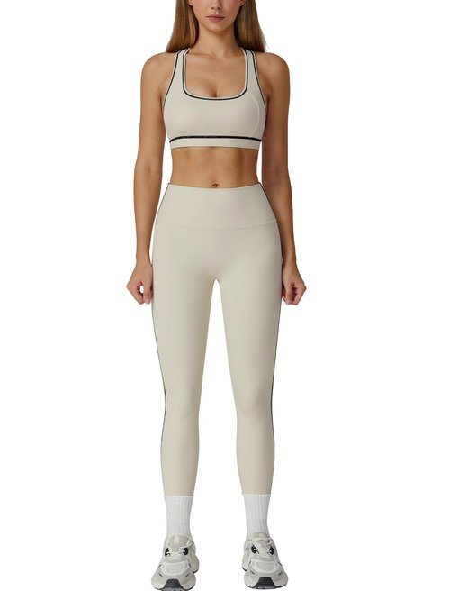 ABOCIW Workout Sets for Women Contrast trim Sports Bra Racerback Sports Bra High Waist Leggings Gym Sets 2 Piece Yoga Pilates Outfits Athletic Work Out Clothes Beige X-Large