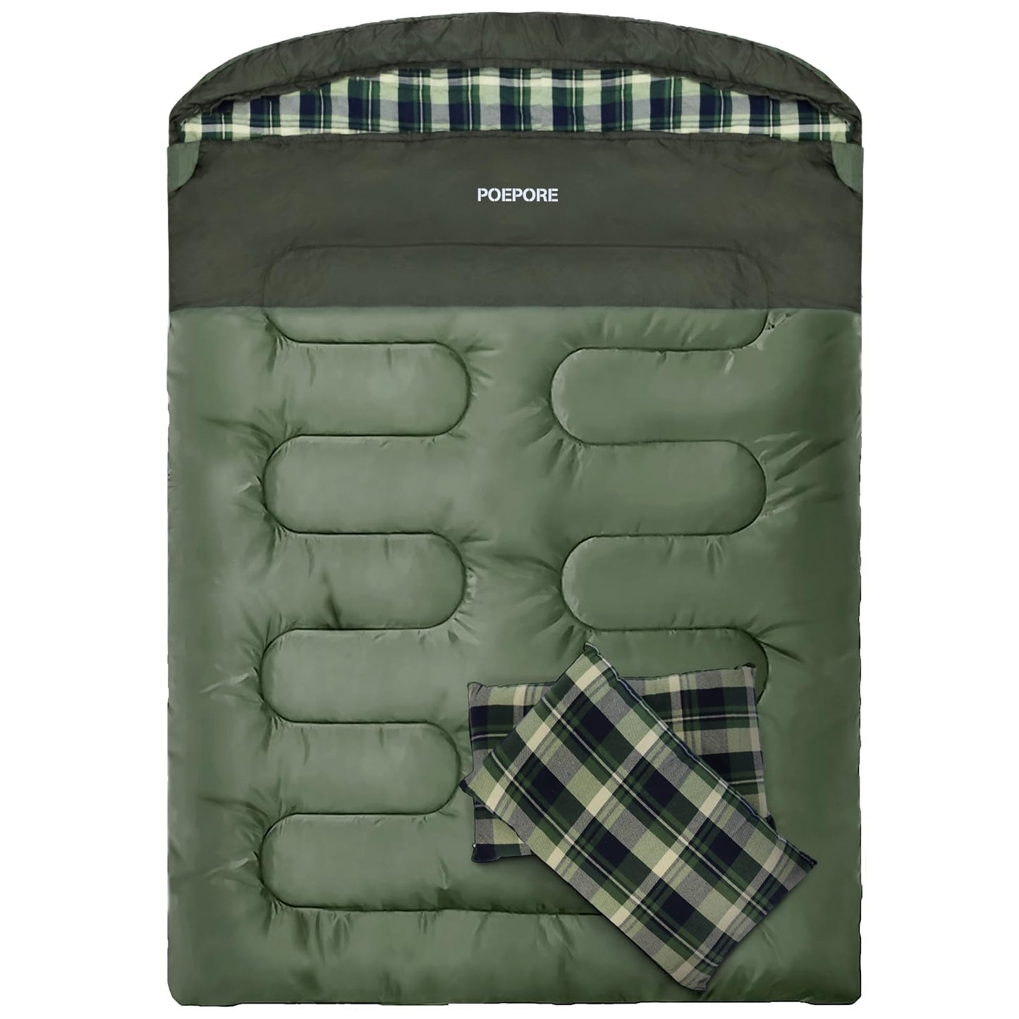 POEPORE Double Sleeping Bag Flannel for Adults with 2 Pillows 2 Person Sleeping Bags Camping XXL Queen Size Two Person Sleeping Bag for Cold Weather Green