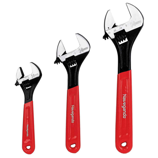 Navegando Adjustable Wrench Set, 3-Piece Adjustable Wrenches 6-inch, 8-inch, 10-inch, Extra-Wide Jaw and Soft Grip Wrench Set, for Automotive, Plumbing, Household Repairs