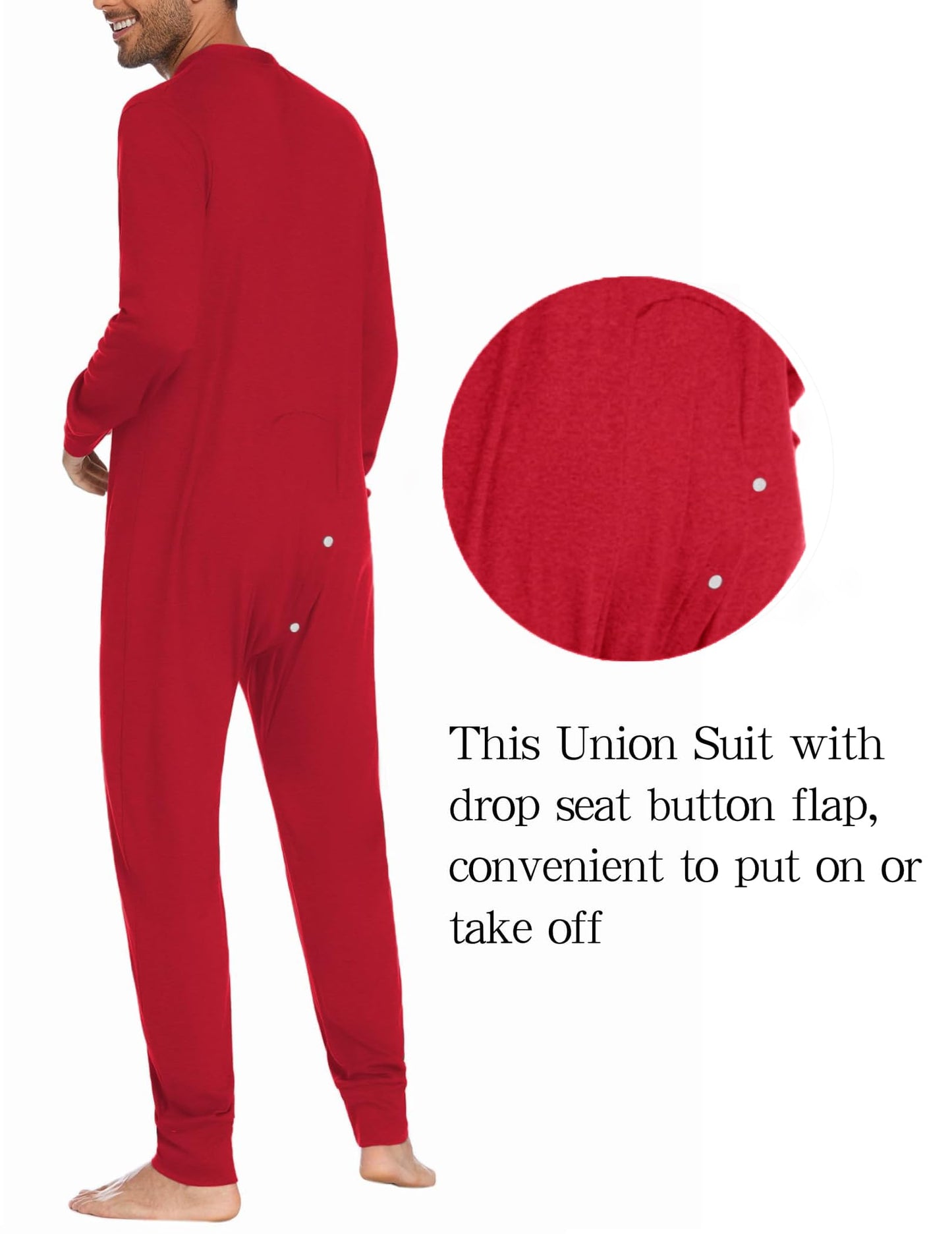 Ekouaer Men's One Piece Pajama Thermal Full Button Union Suit Long Sleeve Onesie with Button Flap Red XL
