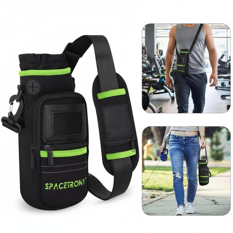 Neoprene Water Bottle Sleeve for 12/20/32 oz Bottles - Water Bottle Holder with Straps for Shoulder/Crossbody - Pockets for Phone, Keys & Cards – Sling Bag for Outdoor/Running/Hiking/Camping (Green)