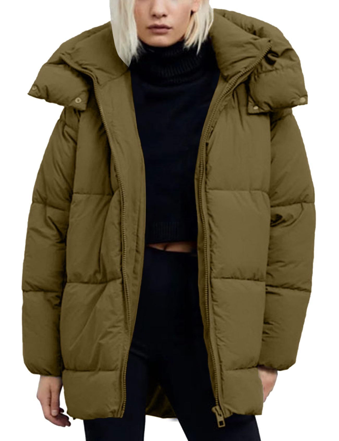 Flygo Womens Hooded Quilted Puffer Jacket Mid-Length Padded Warm Winter Heavyweight Coat Outerwear(ArmyGreen-Medium)