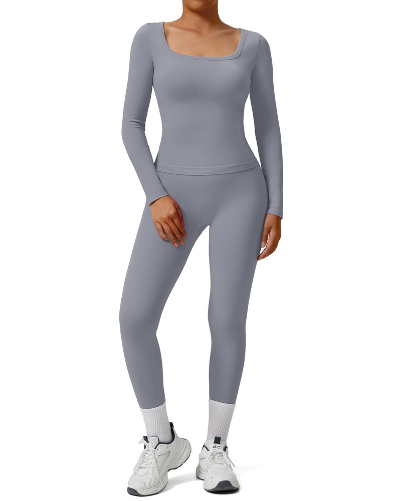 SUUKSESS Women 2 Piece Workout Sets High Waisted Seamless Leggings Active Long Sleeve Tops Compression Yoga Pants(Grey, L)