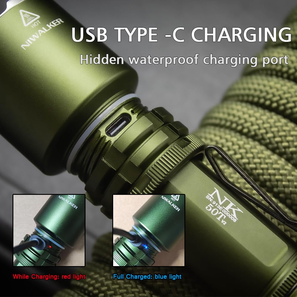 Niwalker N50t V2 Rechargeable LED Flashlights High Lumen, 2,300 Lumens, Long Throw Tactical Flashlight Super Bright, Powerful Flashlight 3 Modes Flash Light for Emergency, Camping, Hiking (Green)
