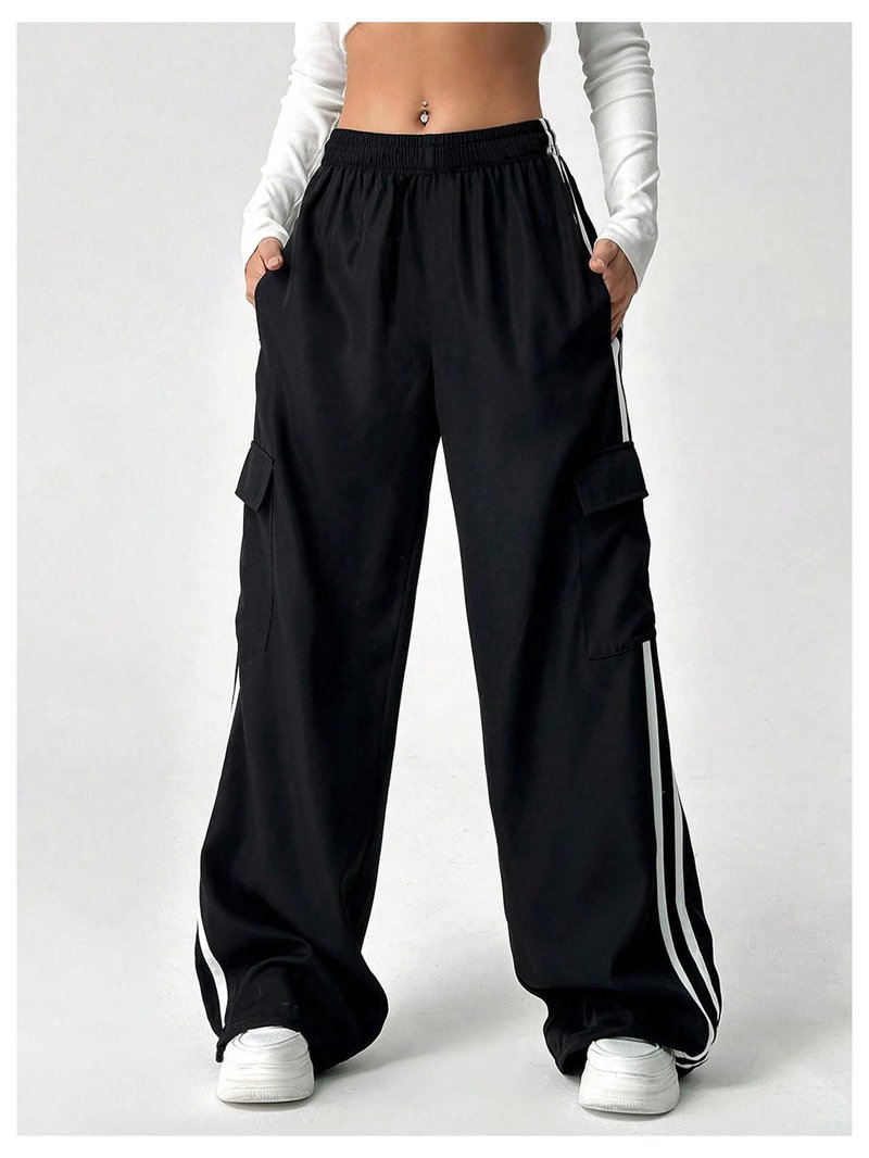 SHENHE Girl's Cargo Pants Wide Leg Side Stripe Baggy Track Pants Workout Athletic Trousers Black 12Y