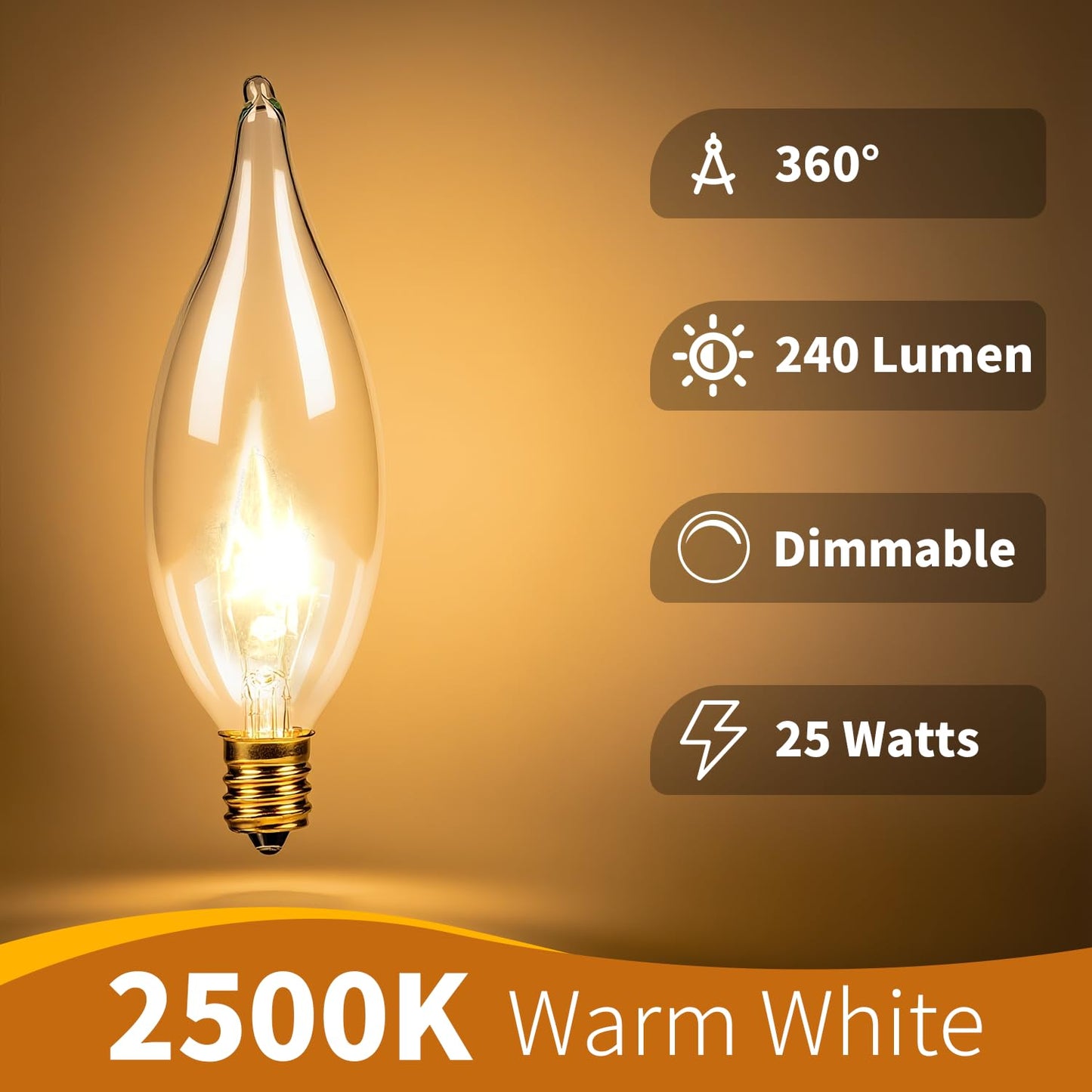 CYLYT 12-Pack E12 Candelabra Light Bulbs 25W, 2500K Warm White, 240 Lumen Dimmable Chandelier Bulb for Ceiling Fan, C10 Gold Base for Candle Bulbs, Clear Glass