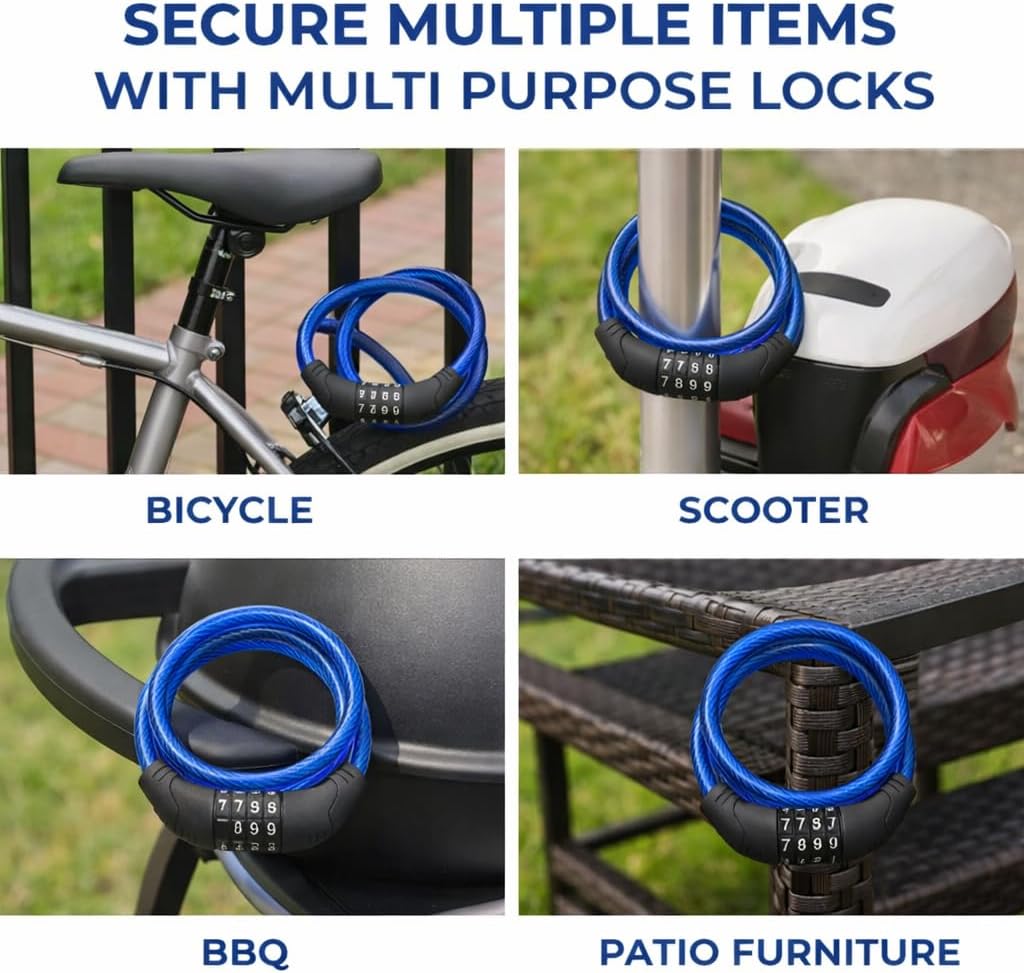 Skiennix Bike Lock Cable - 4 Ft 10Mm Resettable Combination Lock for Bikes, Scooters & Gates