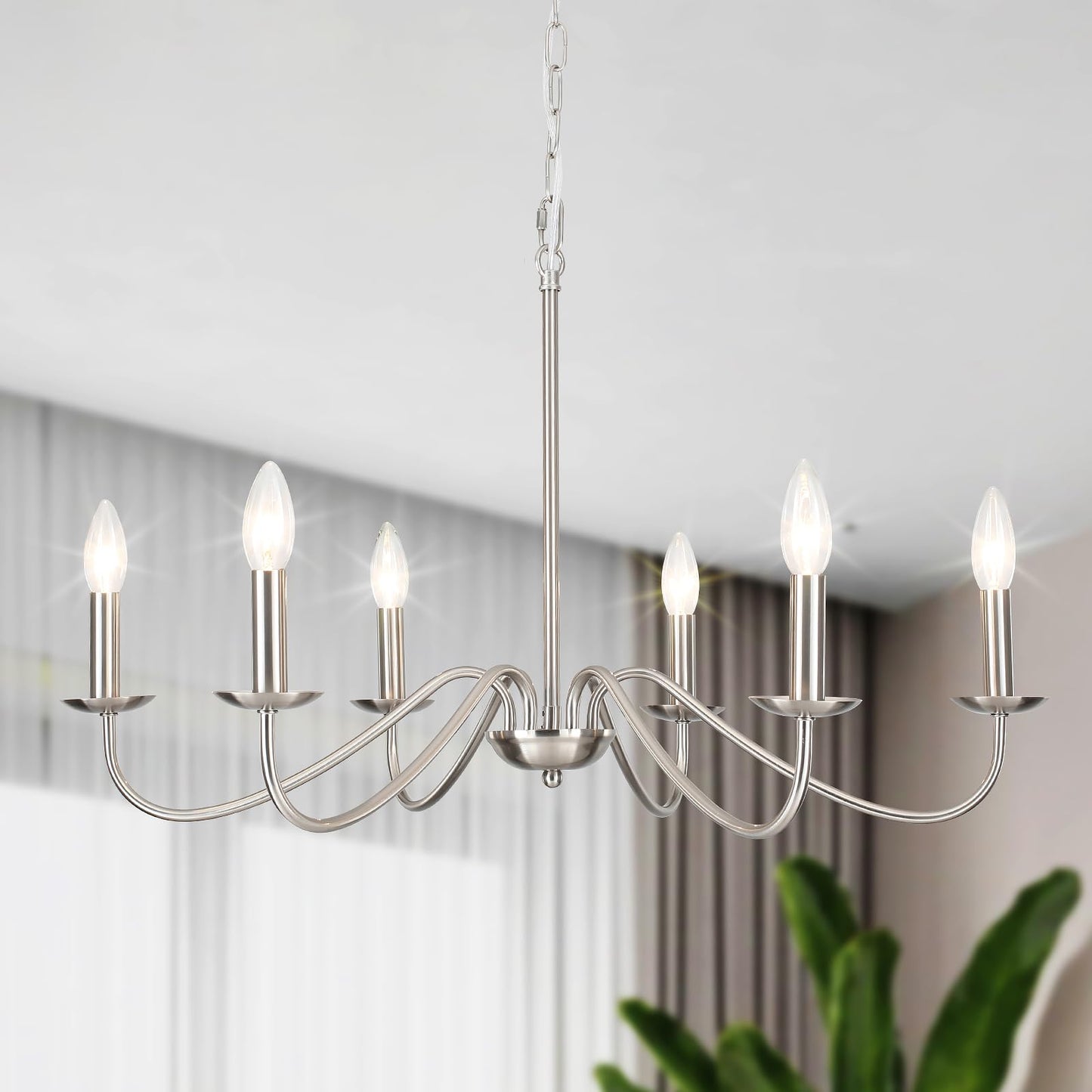 YCZHCC 27.5'' Brushed Nickel Chandelier, 6-Light Farmhouse Chandelier for Dining Room Lighting Fixture, Rustic Industrial Modern Candle Chandelier for Bedroom, Kitchen, Living Room, Foyer, Hallway