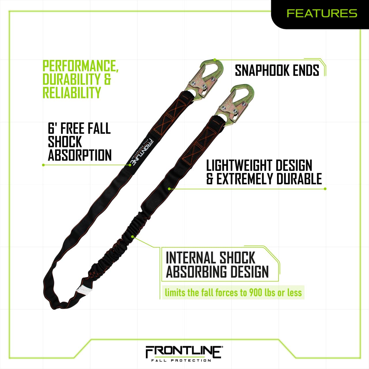 Frontline K100-61S Combat™ Compliance Kit | Harness 5 point |Meets or exceeds ANSI-OSHA standards (Harness, 6' Single Snap Hook)