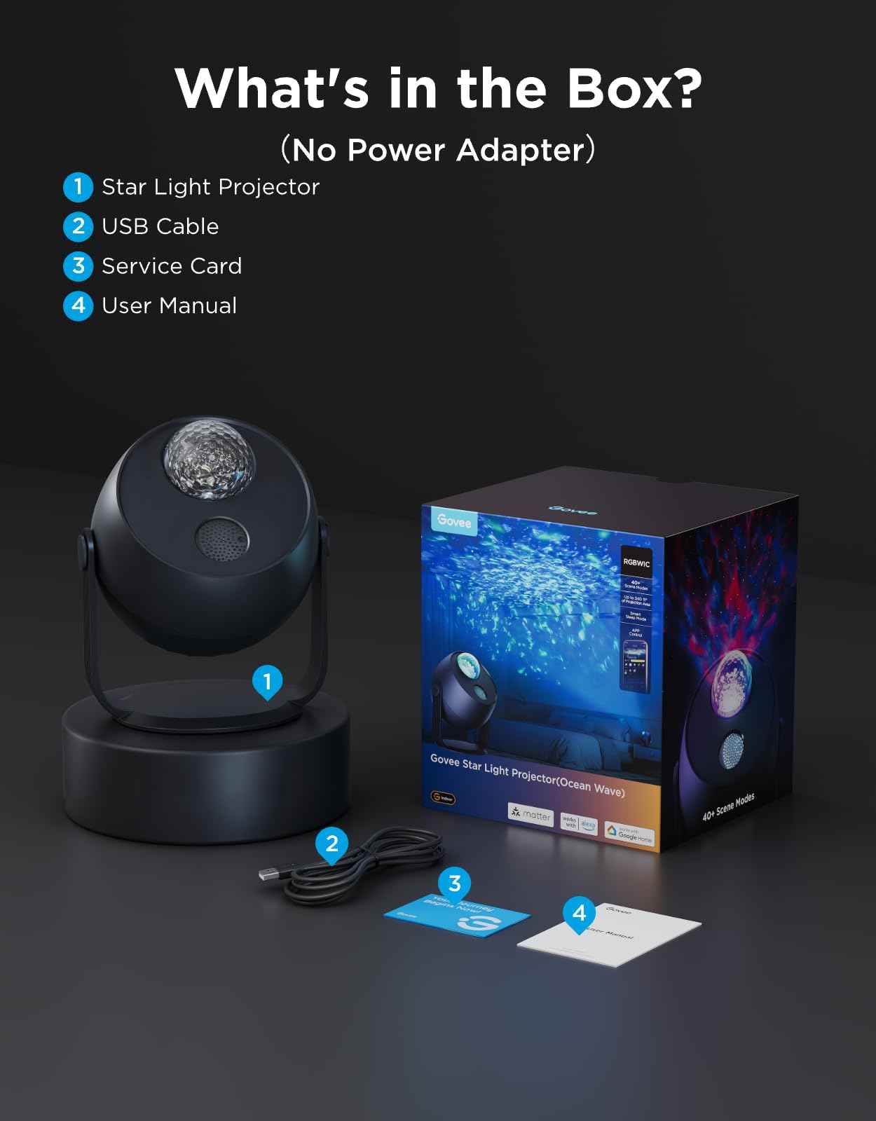 Govee Star Projector Light, Ocean Wave Projector Light with Dynamic Ripple Effects, Works with Matter, 40+ Scene Modes, 18 White Noise Options, LED Night Light for Bedroom (No Power Adapter)