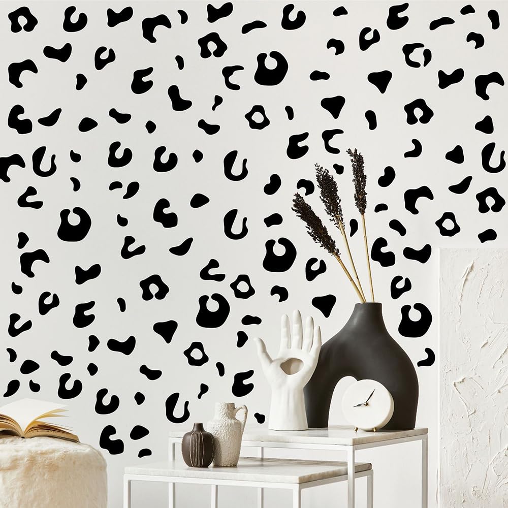 Qaxrocyn 360 Pcs Self-Adhesive Black Leopard Print Wall Stickers - 10 Sheets Removable Waterproof Vinyl Wall Decals for Kids Room, Nursery, Playroom, Home, Office, Studio Decor (Black)