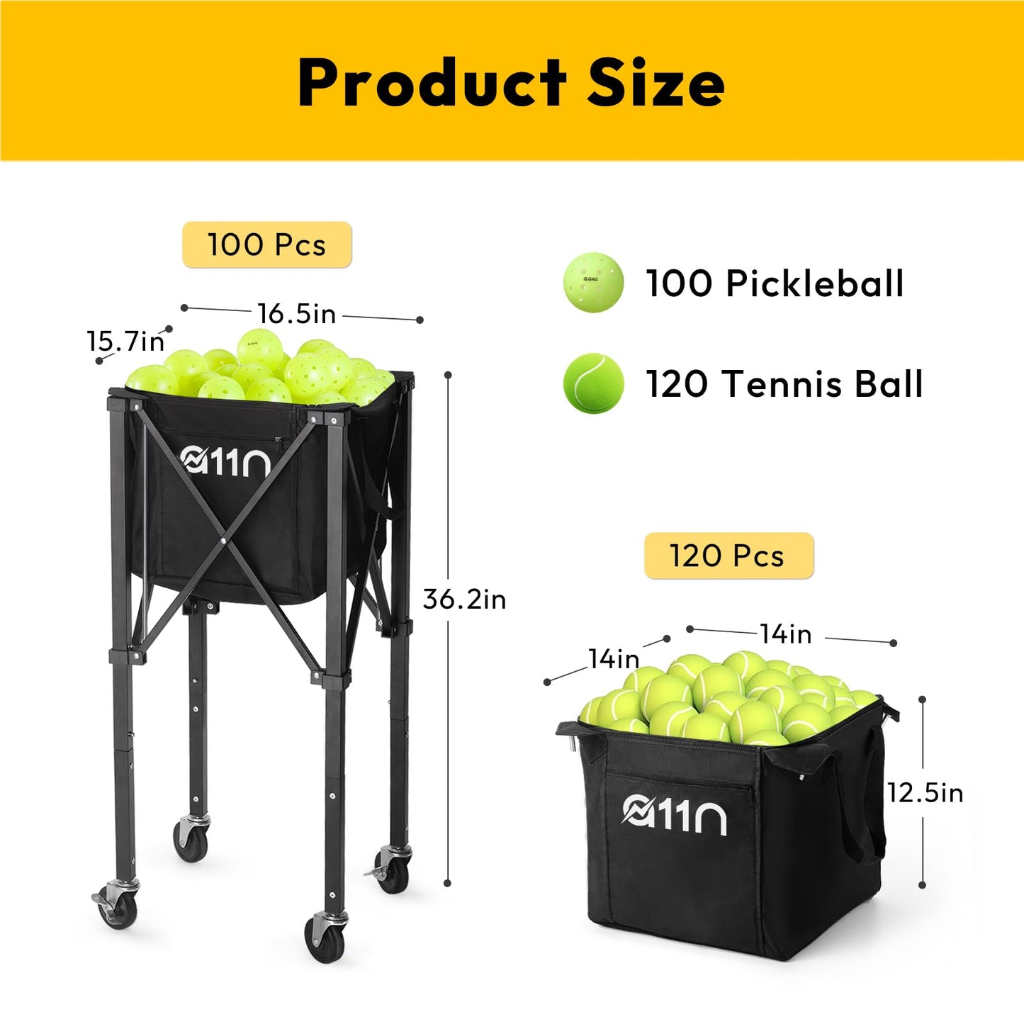 A11N Pickleball Tennis Ball Hopper - Sturdy Large Capacity Tennis Ball Basket Holds 120 Balls, Upgraded Pickleball Caddy Practice Equipment/Multifunction Pockets and Wheels for Training/Teaching